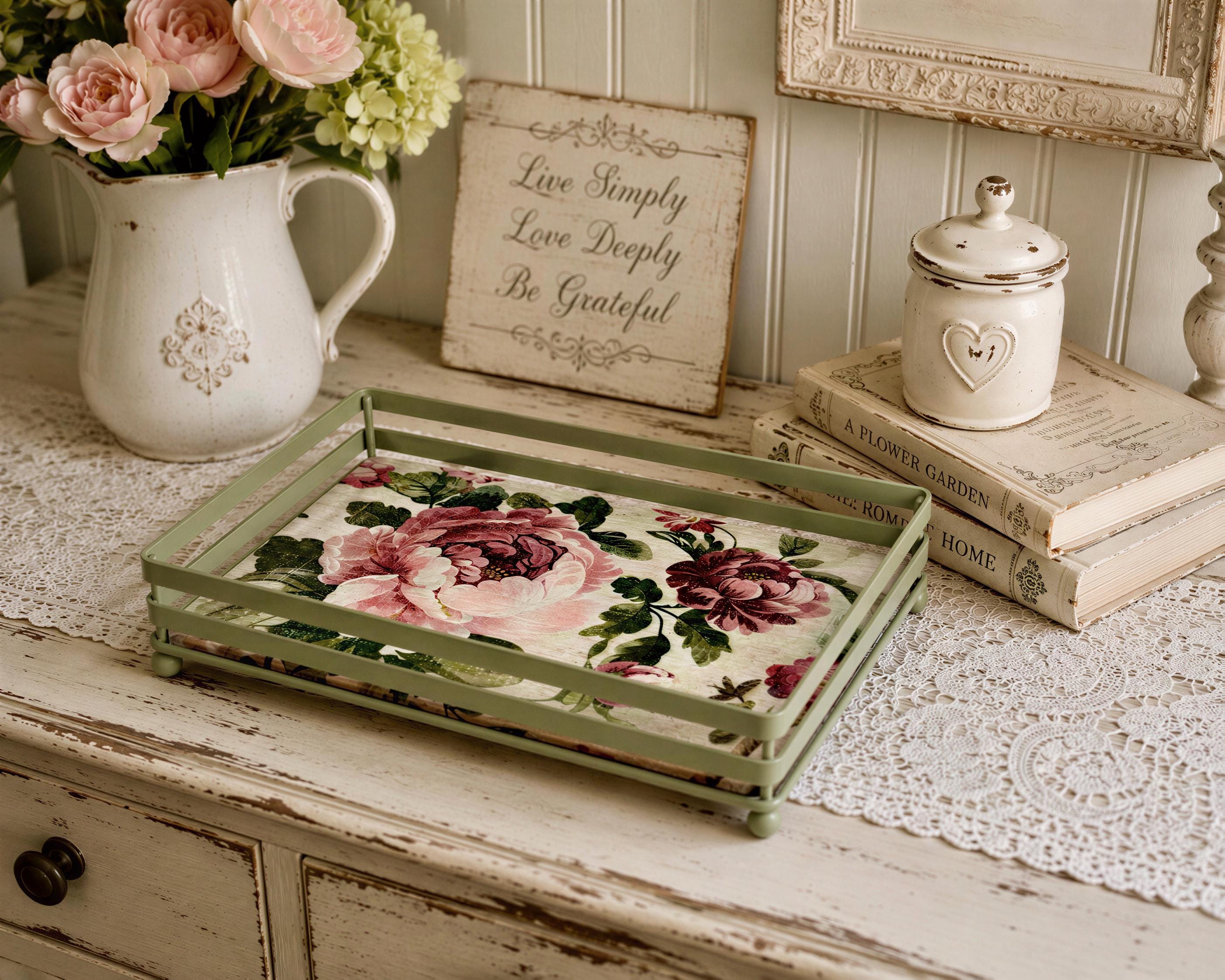 Sage Shabby Chic Open Metal Tray: 10"x7"