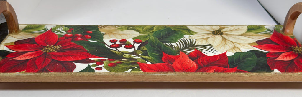 Christmas Wood Tray, Poinsettia Riser With Handles, 20 X 7 In by Mikela Lindel Home