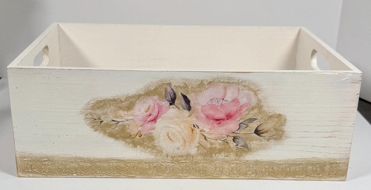 Shabby Chic Wood Crate, Whitewashed Rose Box 14"x9.75x4.75 by Mikela Lindel Home