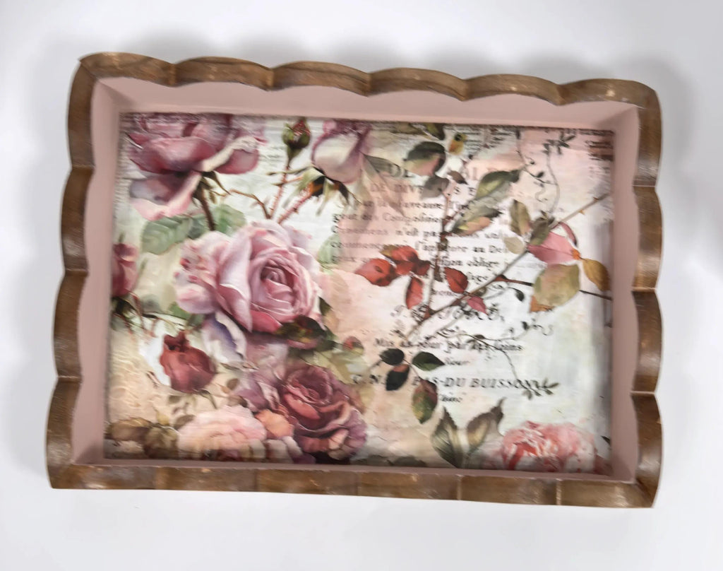 Decorative Floral Tray, Dusty Rose Wood, Wavy Edge 14.25x10.25