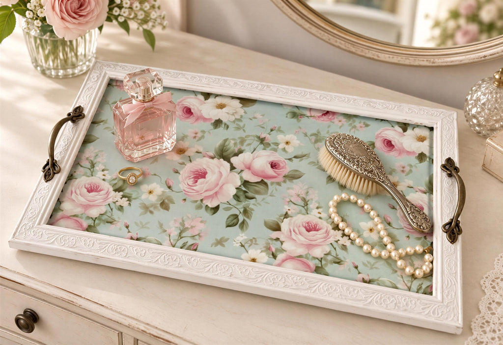 A white tray with a floral pattern, containing a perfume bottle, a brush, pearls, and a ring, placed on a white dresser.