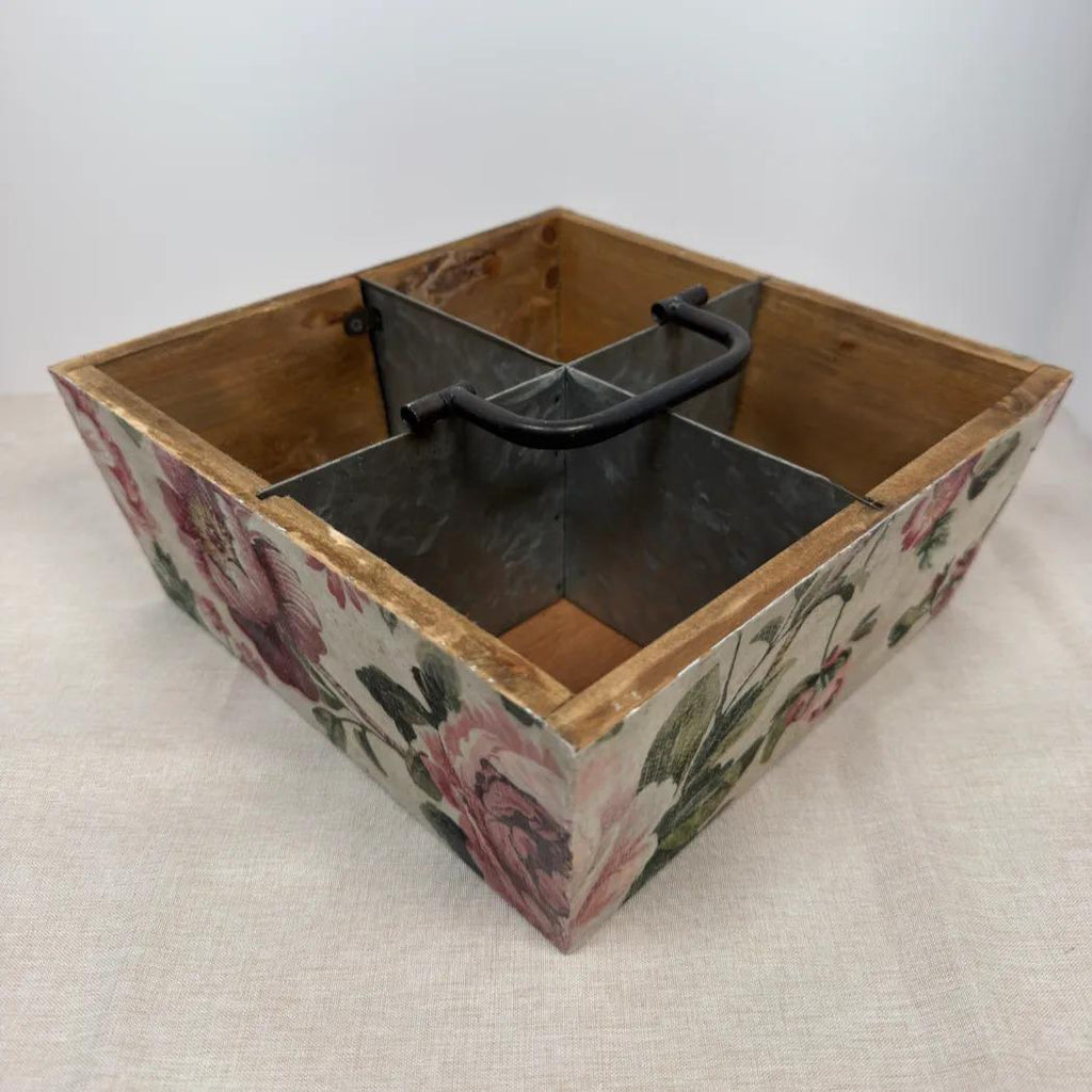 Floral Garden Tool Caddy, Wooden Organizer, 9.5 x 9.5 x 4 Inch