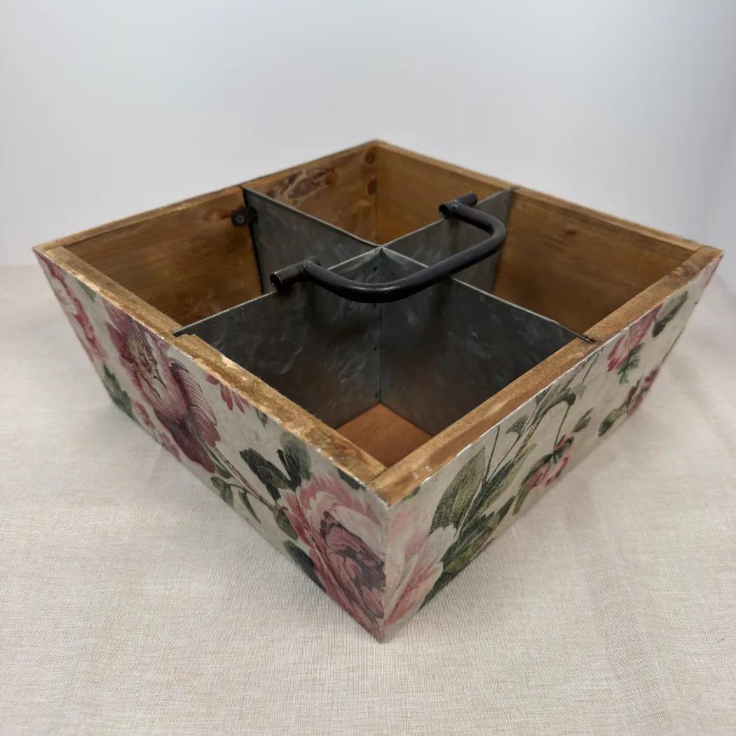 Floral Garden Tool Caddy, Wooden Organizer, 9.5 x 9.5 x 4 Inch