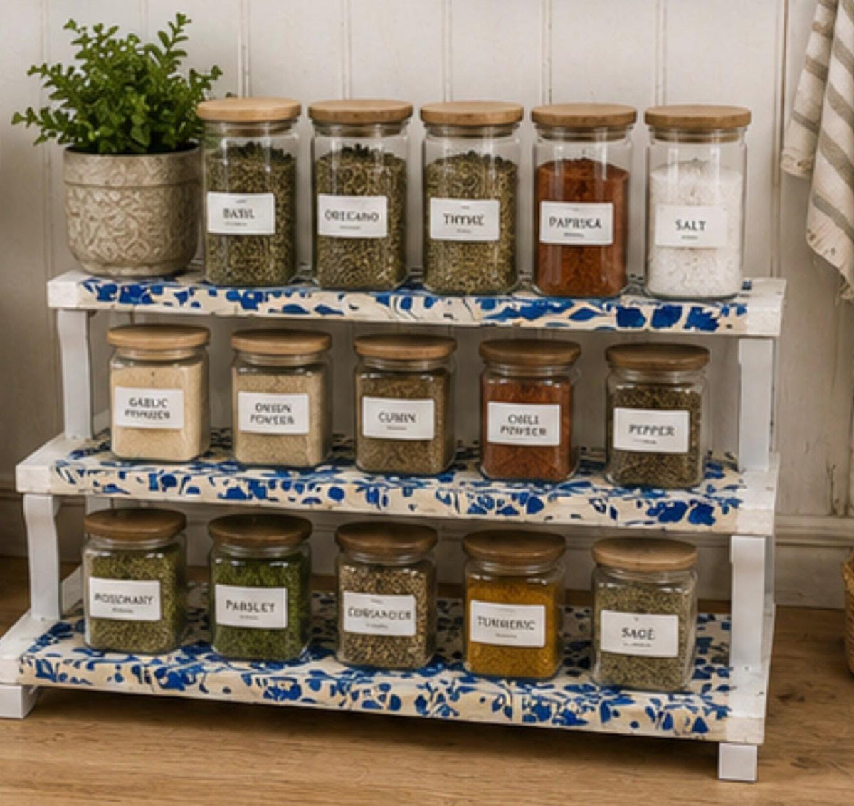 Tiered Display Riser, Blue White Floral 3-Tier Shelf, 10x11.75x5 by Mikela Lindel Home