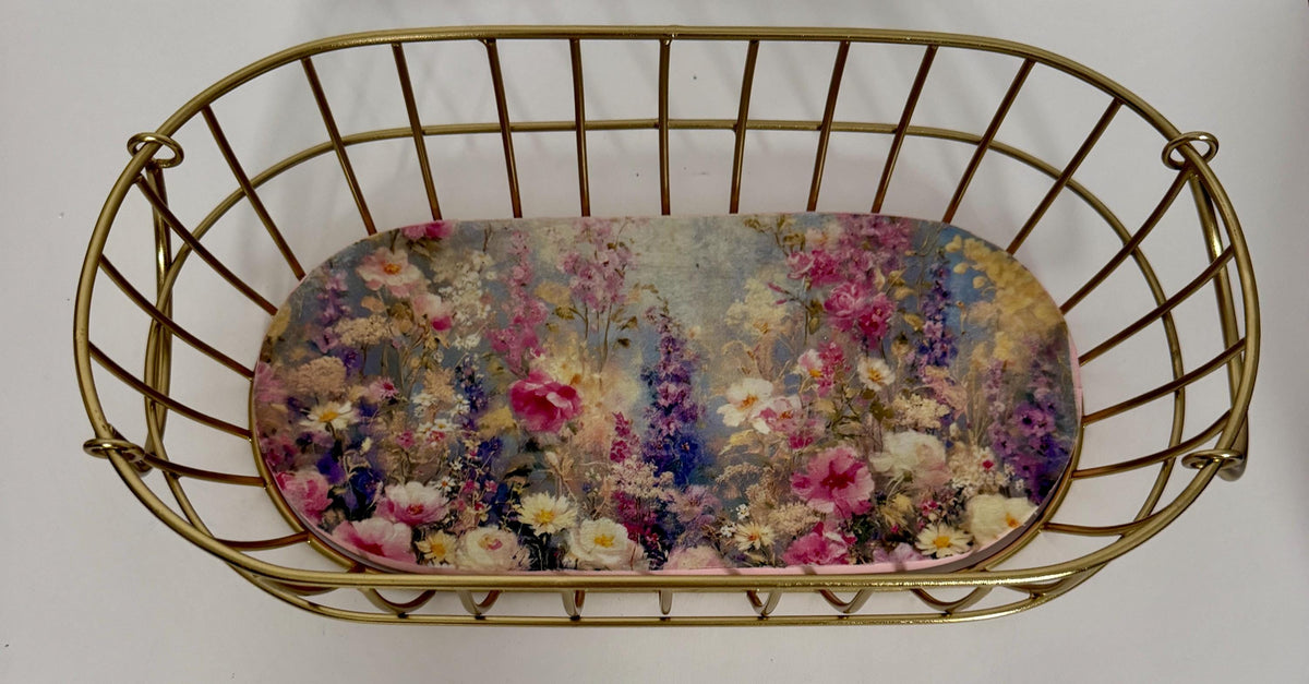 Floral Wire Storage Basket, Gold Metal with Colorful Cottagecore Base, 15" x 8" by Mikela Lindel Home