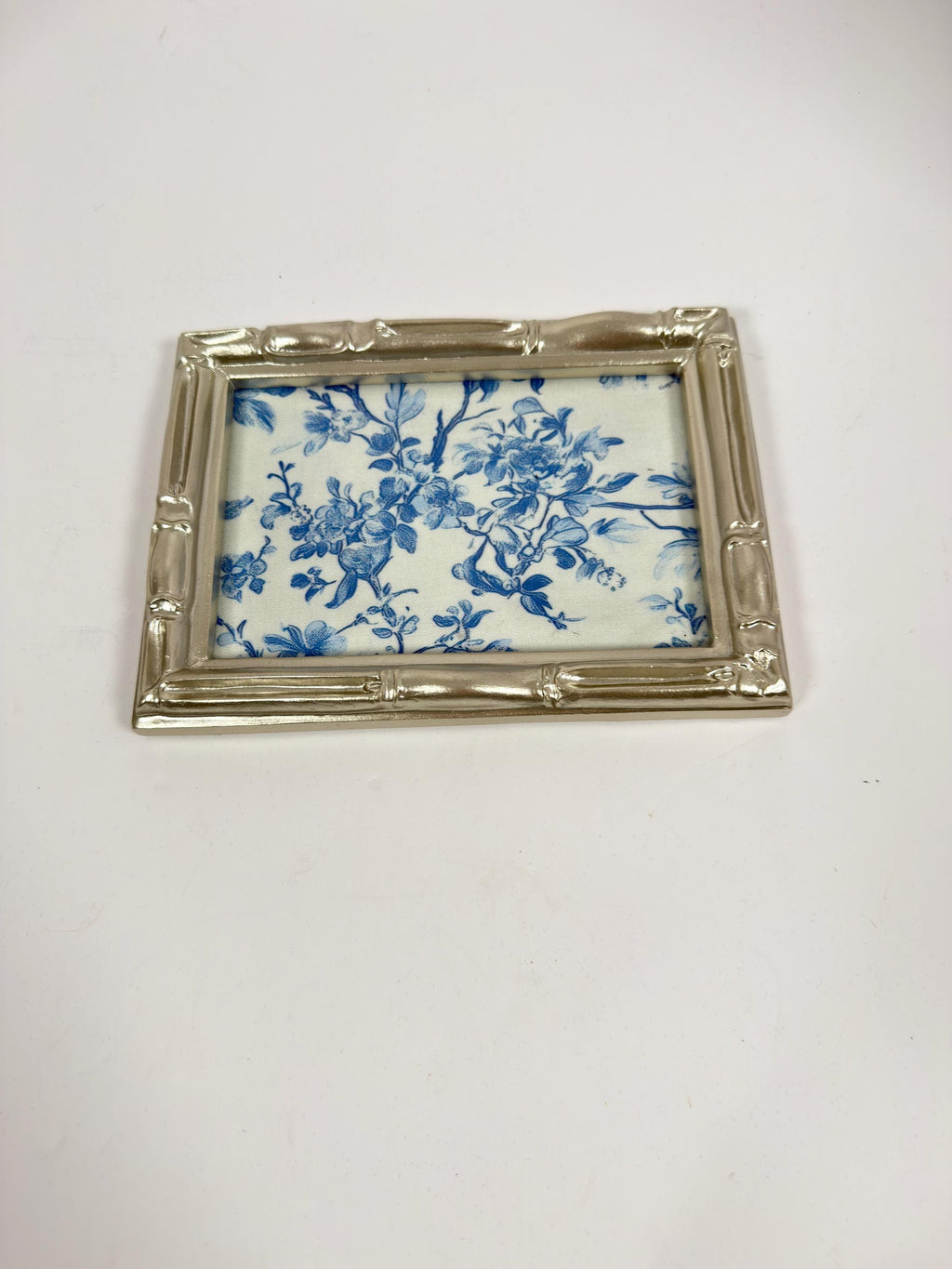 Blue Floral Vanity Tray, Silver Bamboo Frame, Jewelry Tray, 5 X 7 In