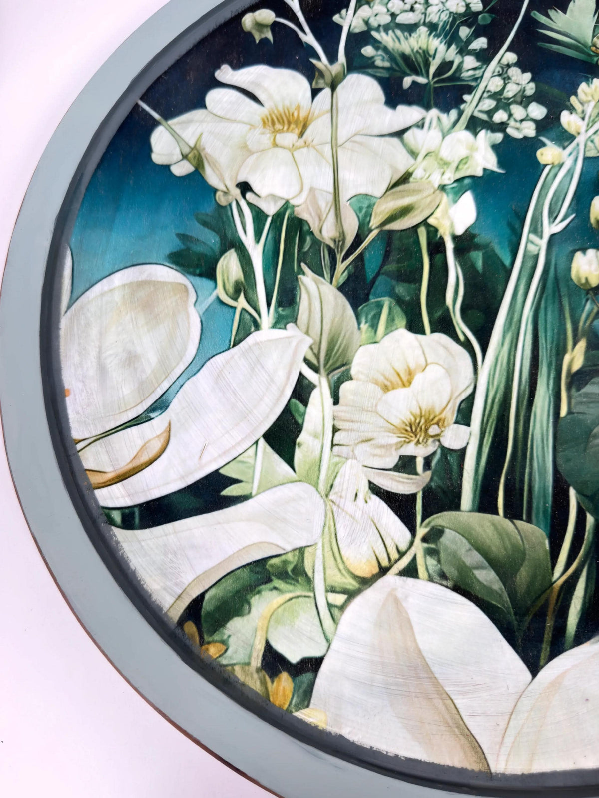 Floral Lazy Susan, Botanical Blue Green Wood Turntable, 14 Inch by Mikela Lindel Home