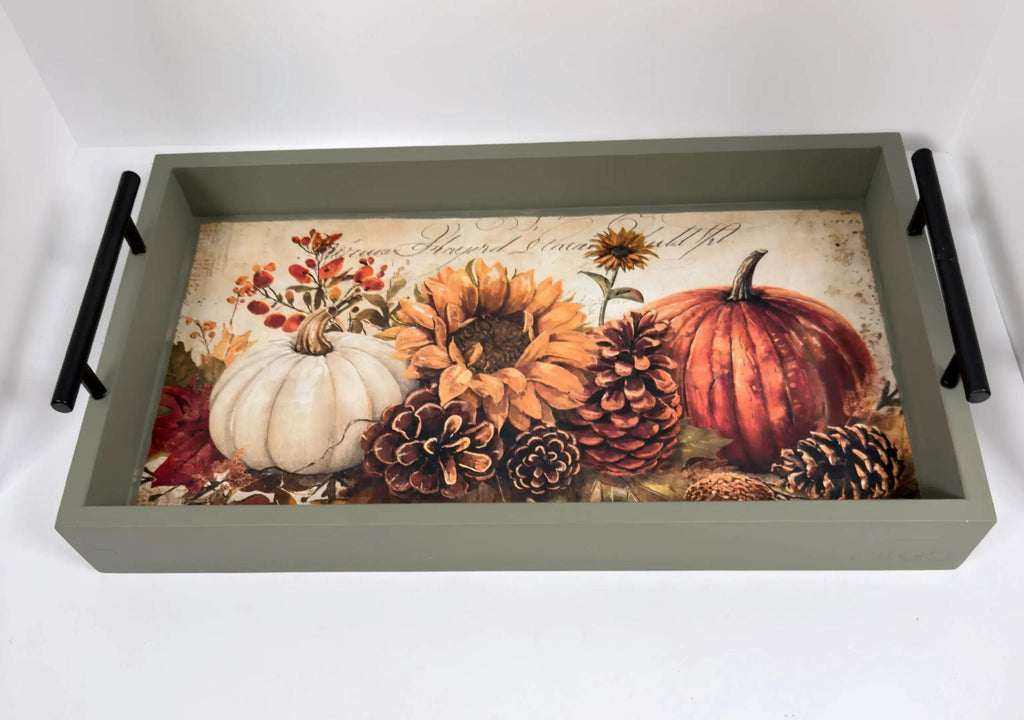 Fall Decorative Wood Tray, Pumpkin Sunflower Decoupage, Thicket Green by Mikela Lindel Home
