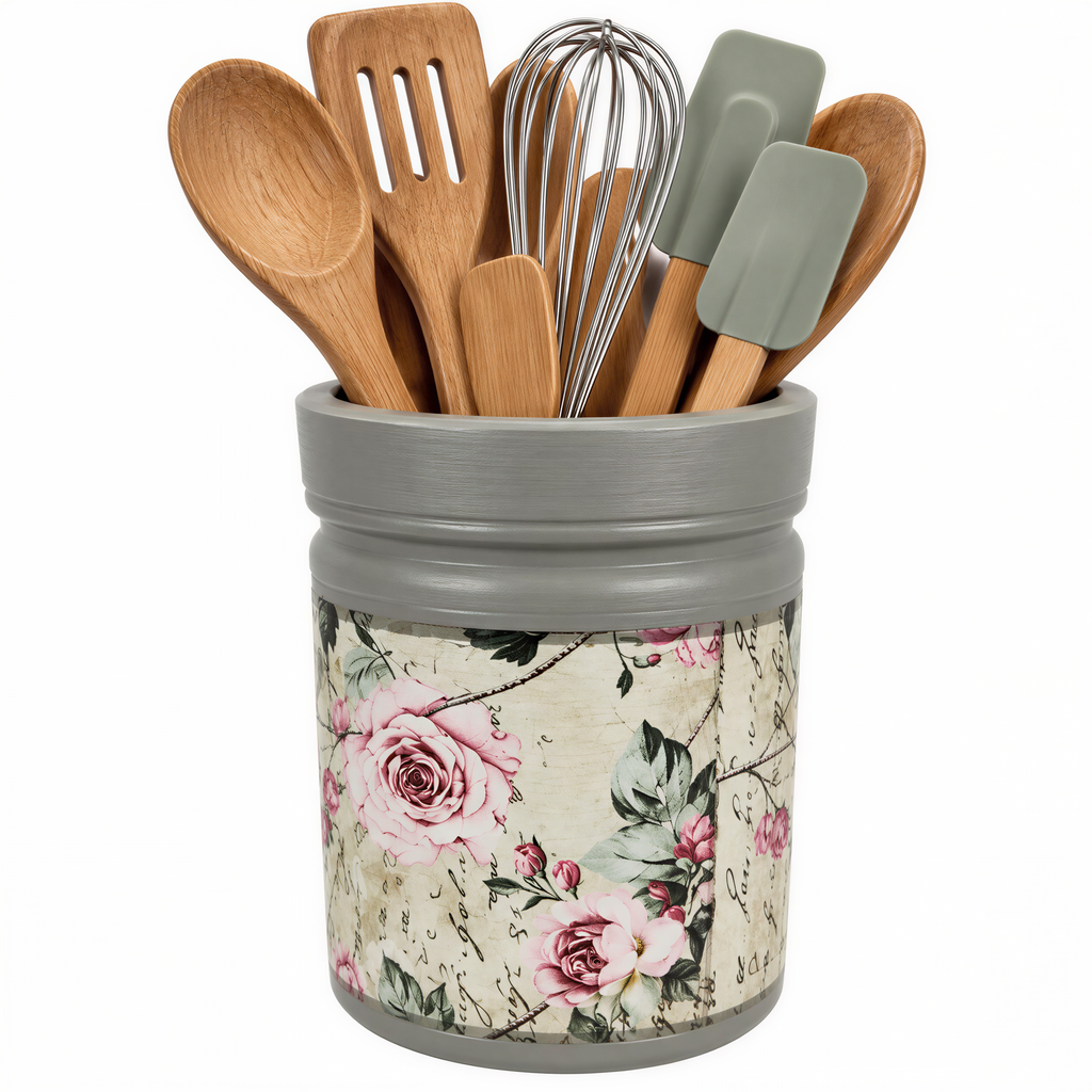 A gray and white floral-patterned canister holding various kitchen utensils, including wooden spoons, a whisk, and a spatula.