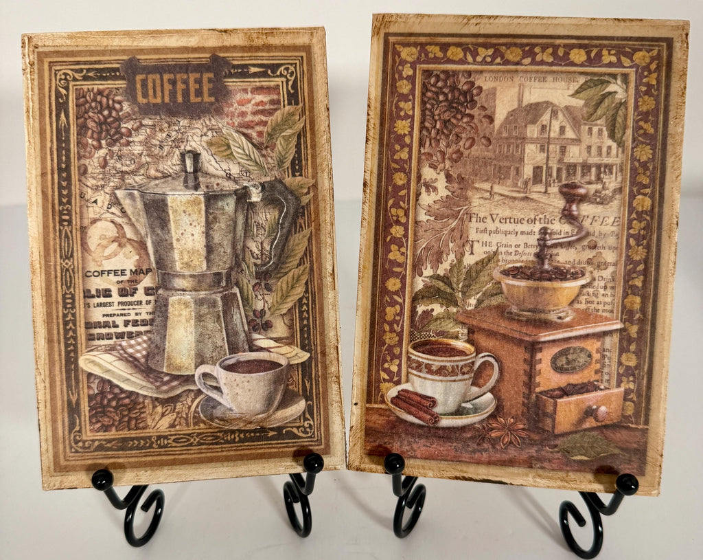Rustic Kitchen Decor, Vintage Coffee Wood Blocks 4X6 Inch Pair by Mikela Lindel Home