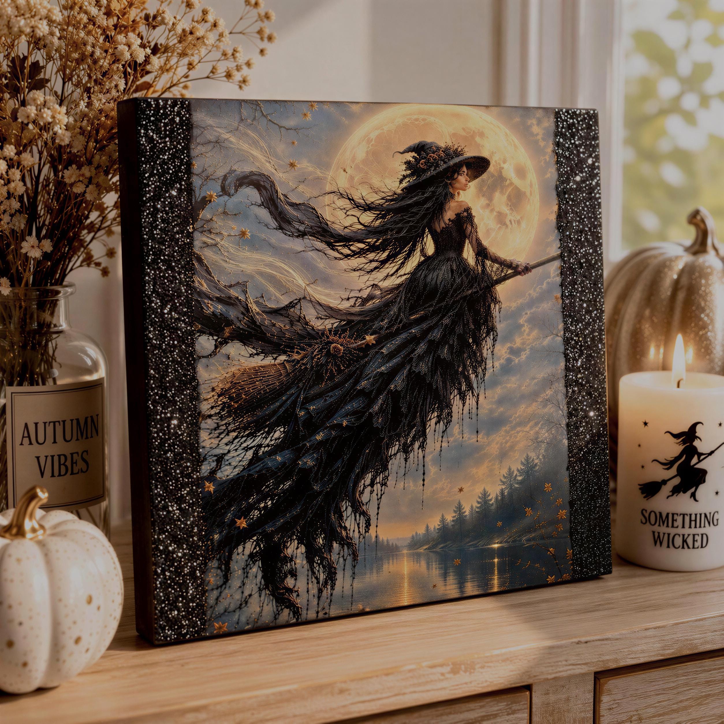 Moonlit Glitter Witch Halloween Block: 10"x10"