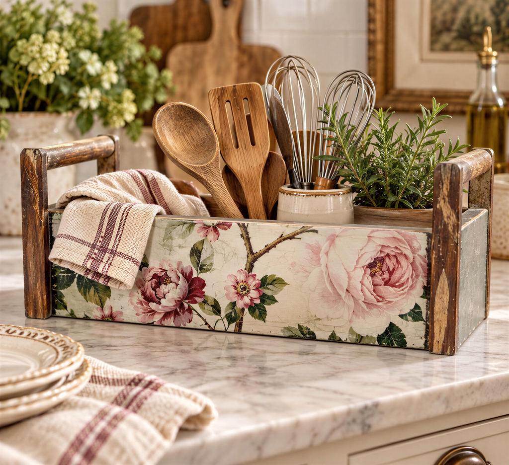 A wooden tray with a floral pattern, containing various kitchen utensils such as a wooden spoon, whisk, and spatula, along with a potted plant and a plate.