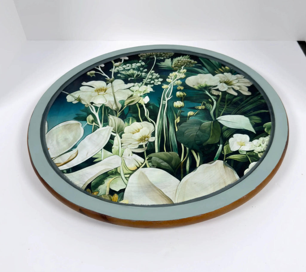 Floral Lazy Susan, Botanical Blue Green Wood Turntable, 14 Inch by Mikela Lindel Home