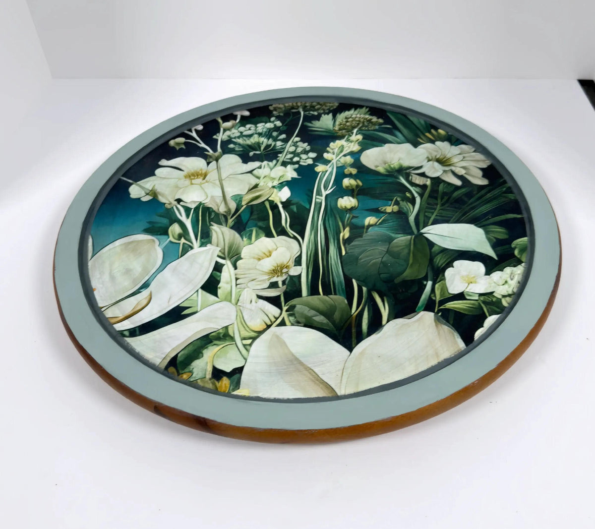 Floral Lazy Susan, Botanical Blue Green Wood Turntable, 14 Inch by Mikela Lindel Home