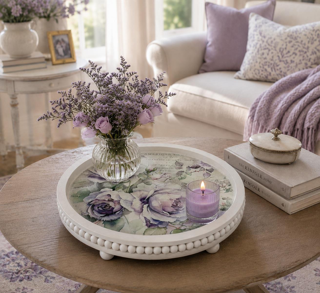 Lavender Roses on White Beaded Tray: 11.75"