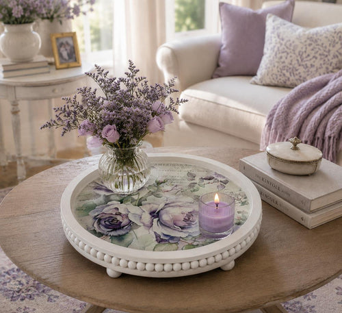 Decorative Vanity Tray, Lavender Roses, White Beaded Wood, 11.75 by Mikela Lindel Home