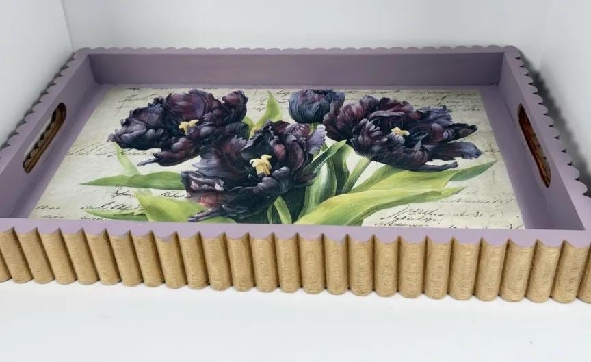 Purple Tulip Wood Tray, Lavender Botanical Decoupage Tray, 19.25x11.25 In by Mikela Lindel Home