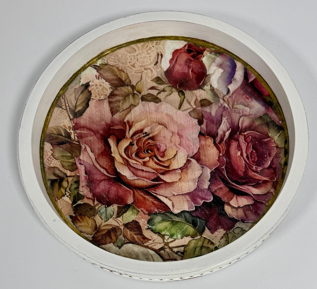 Vintage Floral Tray | Roses, 11.5-Inch Round Decoupage Tray by Mikela Lindel Home