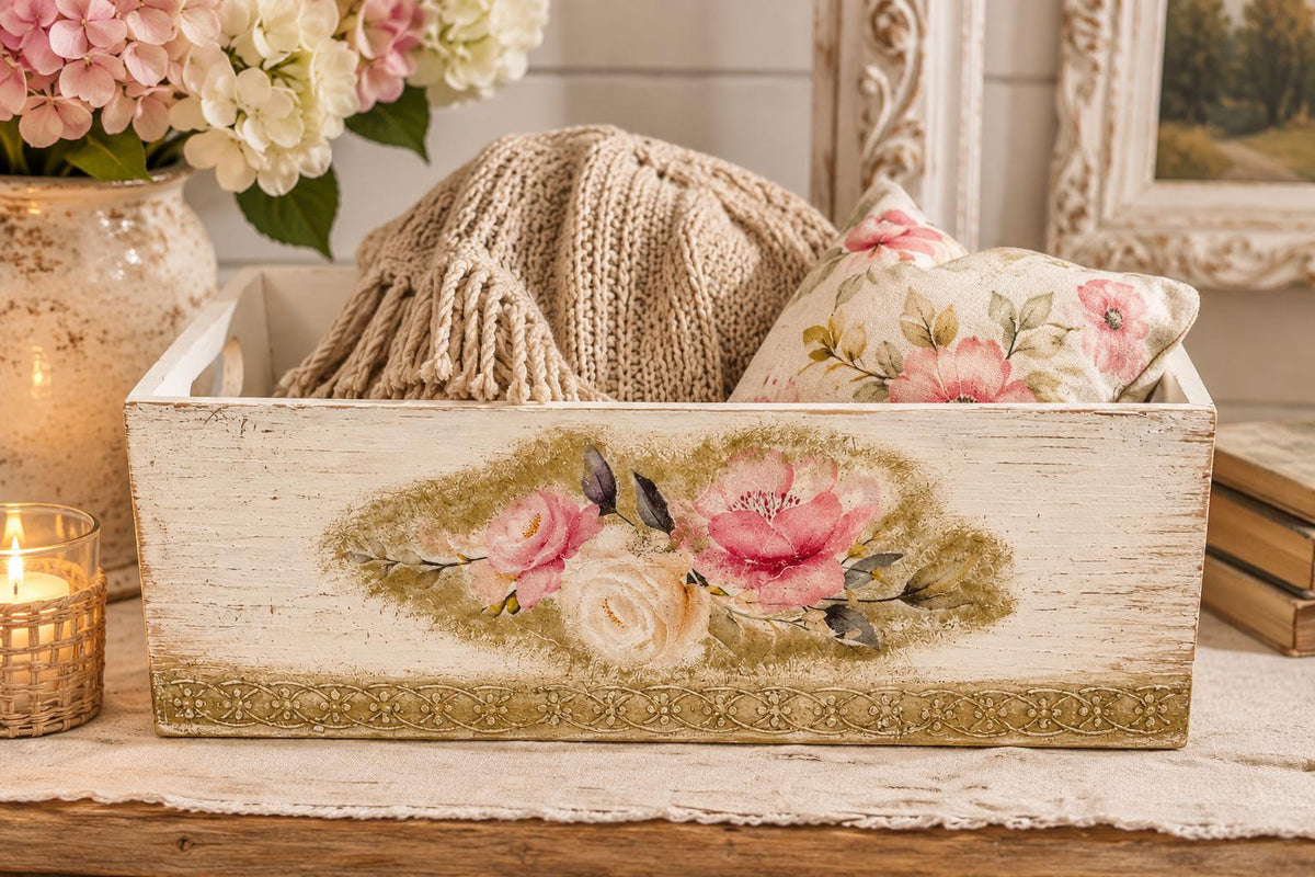 Shabby Chic Wood Crate, Whitewashed Rose Box 14"x9.75x4.75 by Mikela Lindel Home