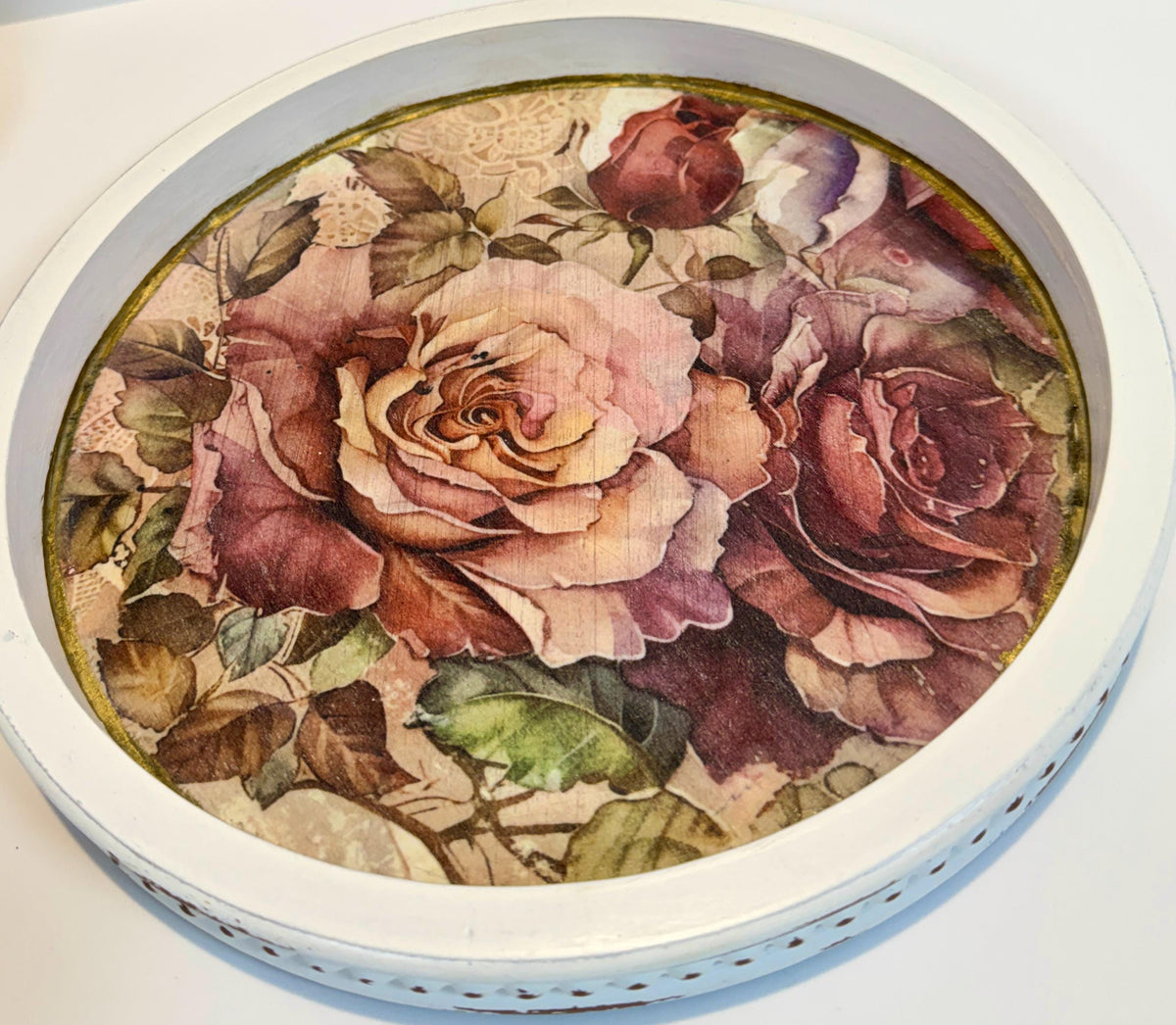 Vintage Floral Tray | Roses, 11.5-Inch Round Decoupage Tray by Mikela Lindel Home