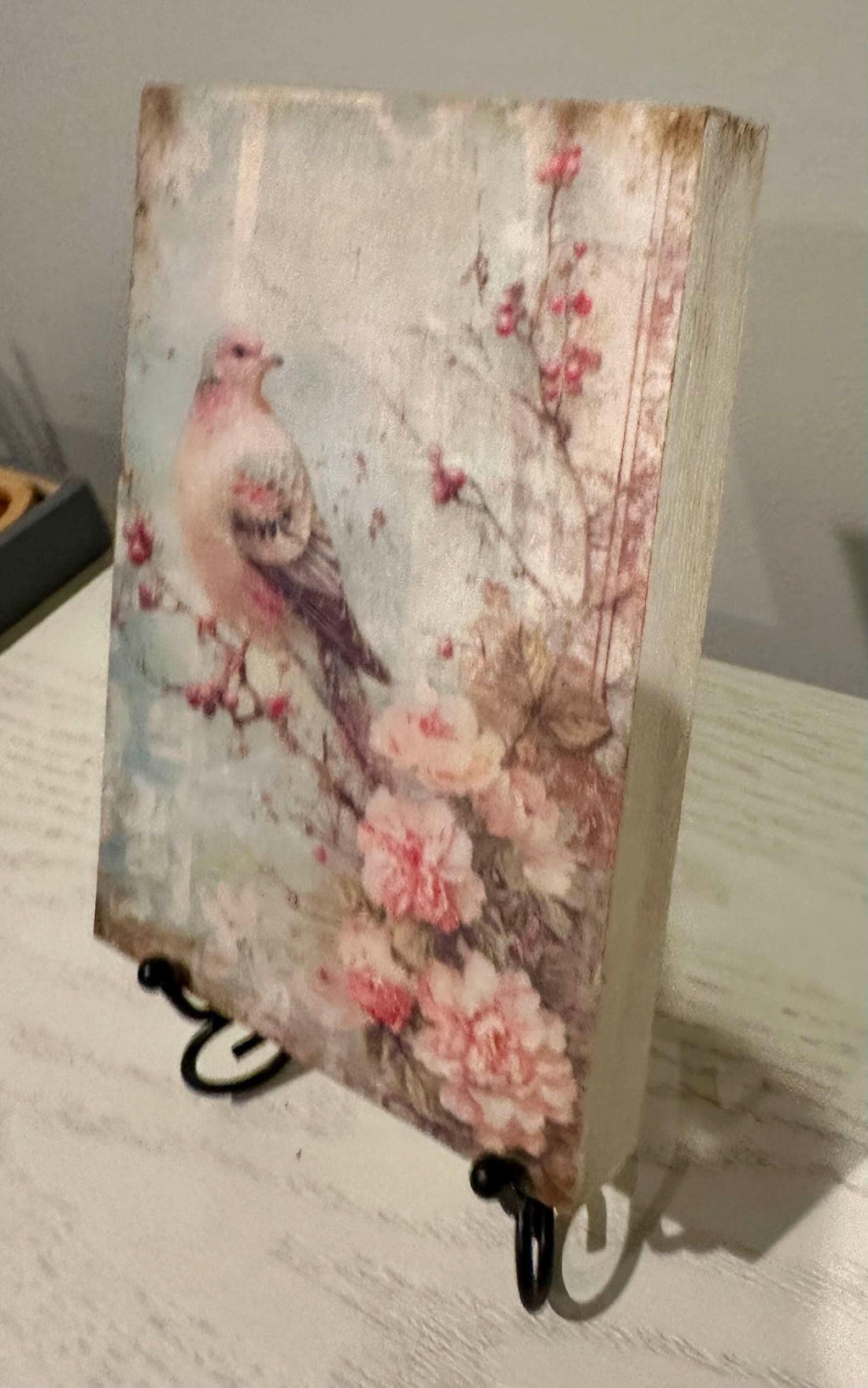 Handmade Songbird Wall Art, Roses, 5x7 Wood Block Decor | Cottage Style by Mikela Lindel Home