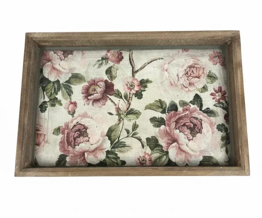 Shabby Chic Serving Tray | Pink Rose Decoupage Wood Tray 16.5x10.75 by Mikela Lindel Home
