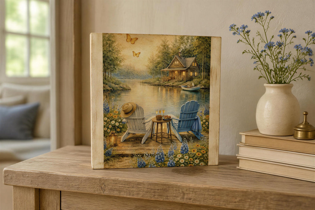 a serene lakeside scene with two blue chairs overlooking the water, surrounded by flowers and a small boat.