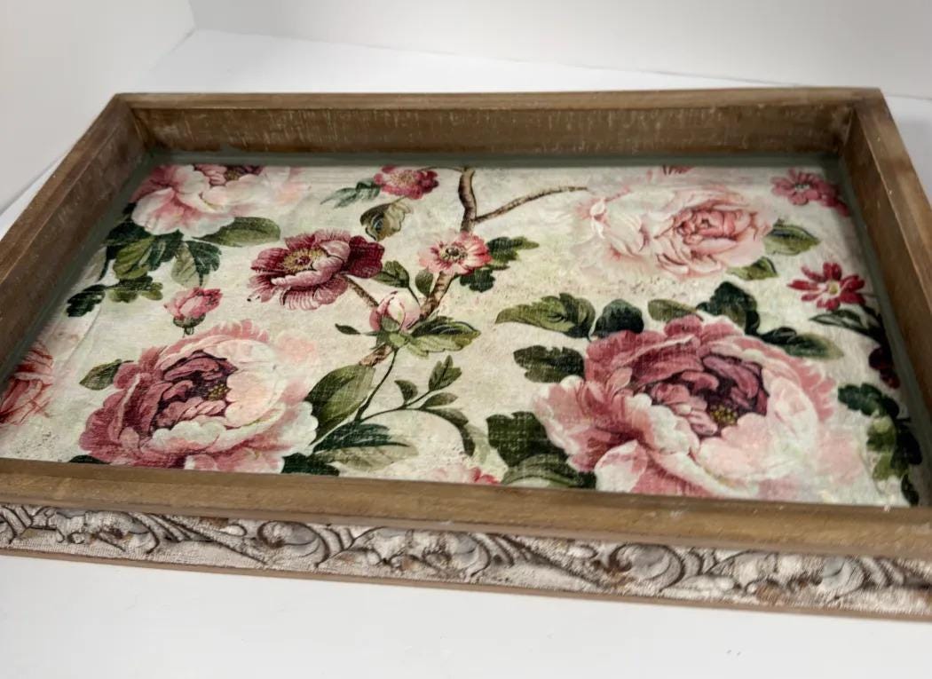 Shabby Chic Serving Tray | Pink Rose Decoupage Wood Tray 16.5x10.75 by Mikela Lindel Home
