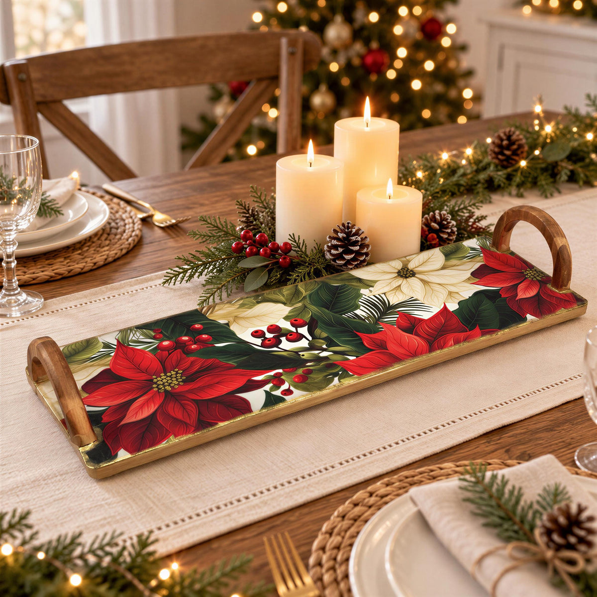 a beautifully decorated Christmas table with a floral tray, candles, and other festive decorations.