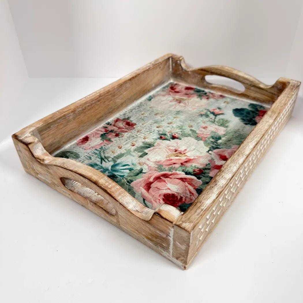Floral Decorative Wood Tray, White Distressed Finish, 14 X 10 In