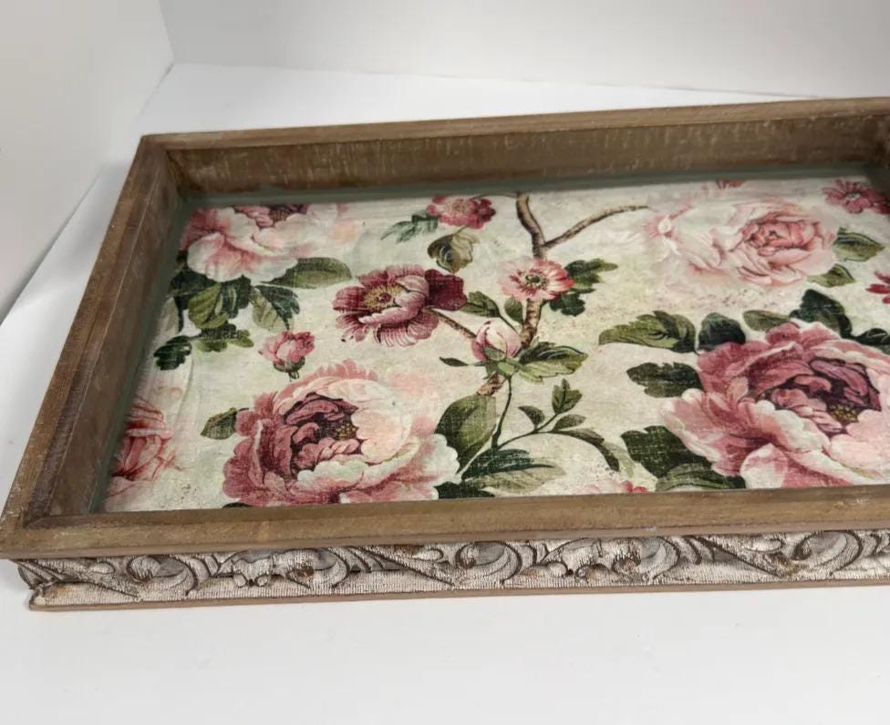Shabby Chic Serving Tray | Pink Rose Decoupage Wood Tray 16.5x10.75 by Mikela Lindel Home