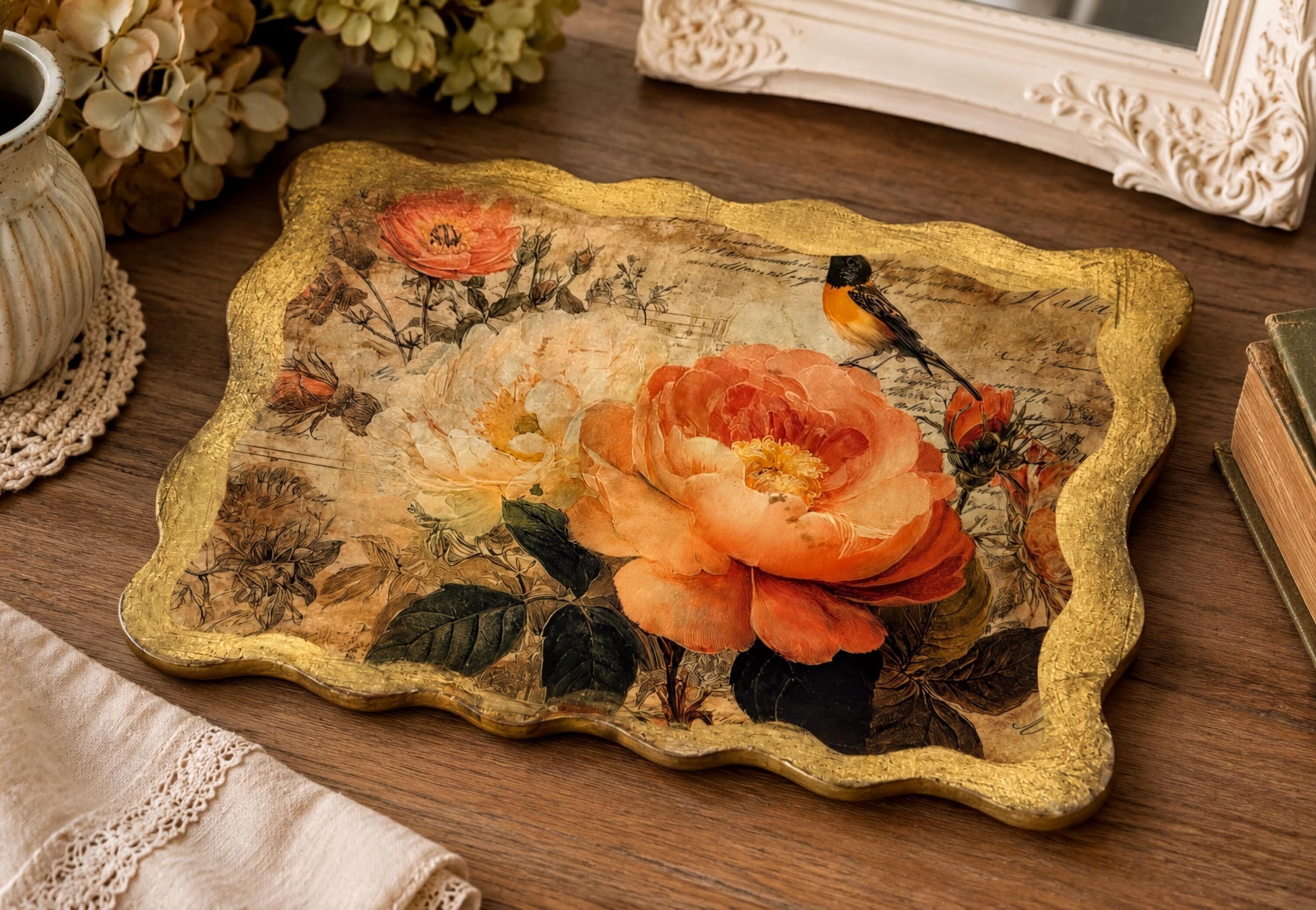 Peach Peony & Bird Riser: 13”x9”