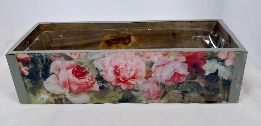 Floral Wood Planter Box, Pink Rose Rustic Farmhouse Crate, 13.75In