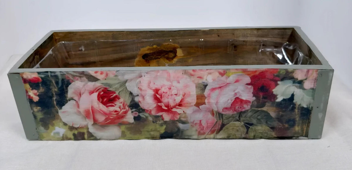 Floral Wood Planter Box, Pink Rose Rustic Farmhouse Crate, 13.75In