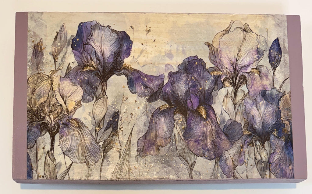 Wooden Floral Riser, Purple Iris Decor, 12 X 7, Lavender Art Feet by Mikela Lindel Home