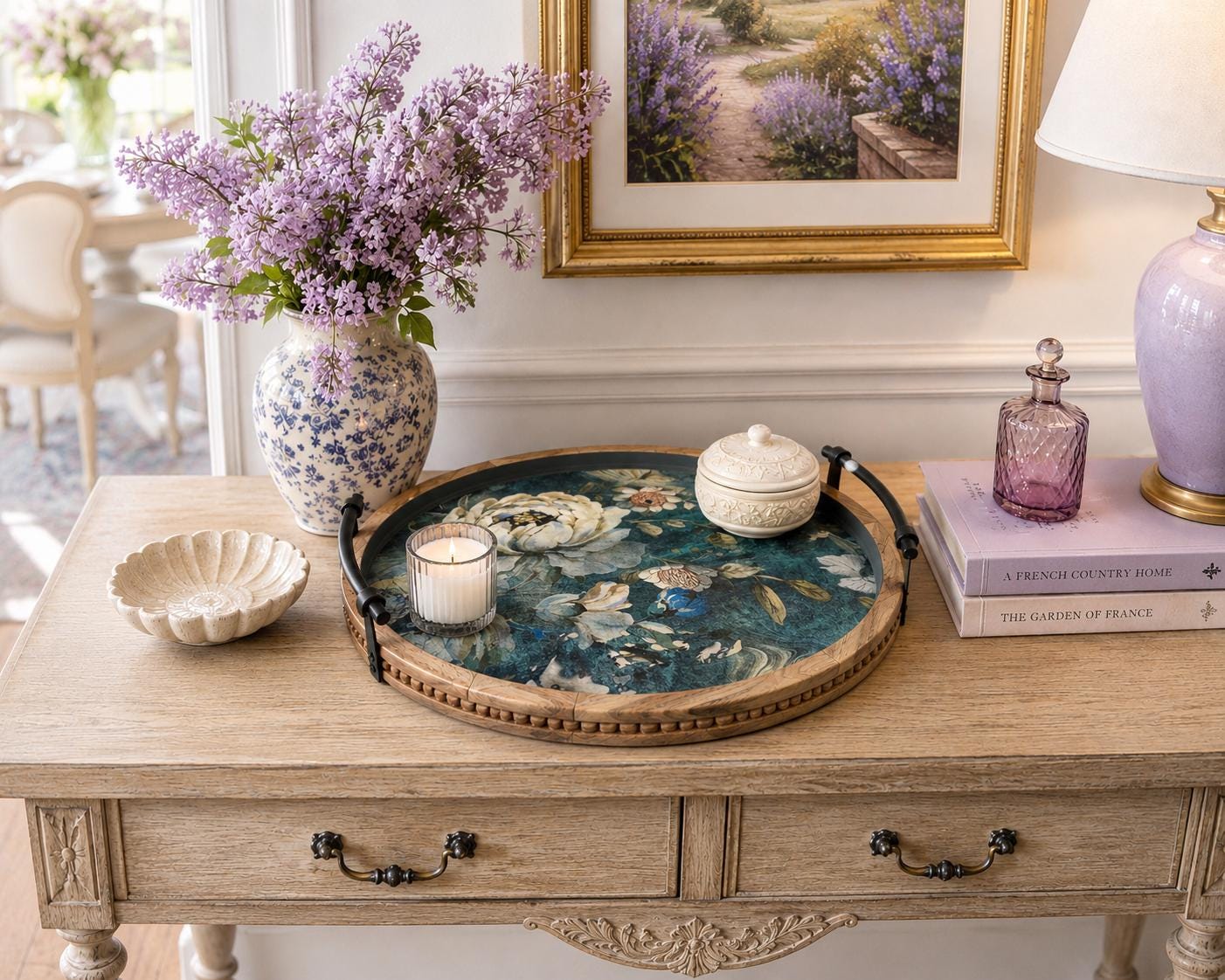 Large Blue Green Floral Tray: 16"