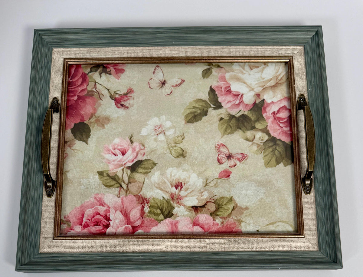Floral Vanity Tray, Green Decor, Brass Handles, 12.5 X 10.5 In by Mikela Lindel Home