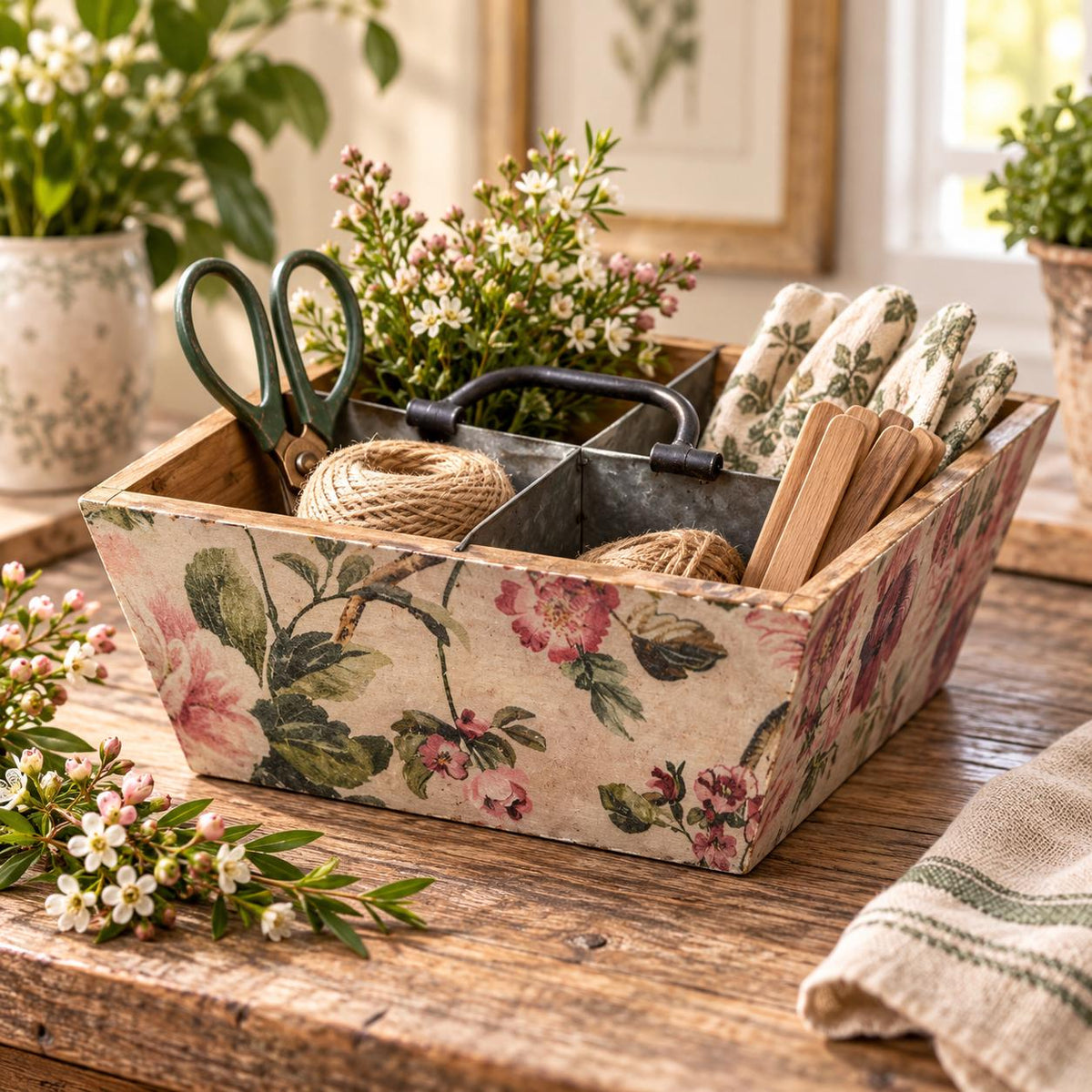 Floral Garden Tool Caddy, Wooden Organizer, 9.5 x 9.5 x 4 Inch