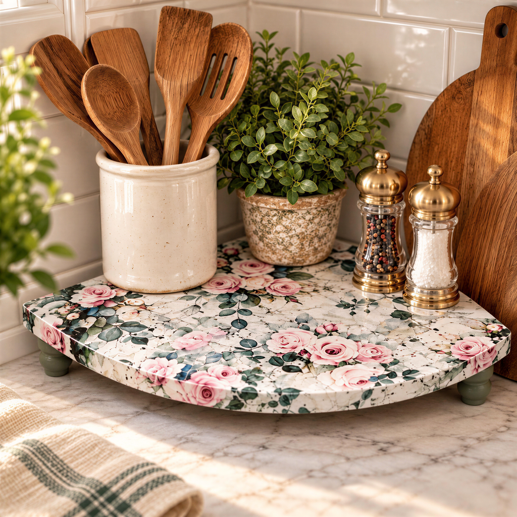 A kitchen counter with a floral patterned tray holding various kitchen utensils, including wooden spoons and a salt and pepper shaker.