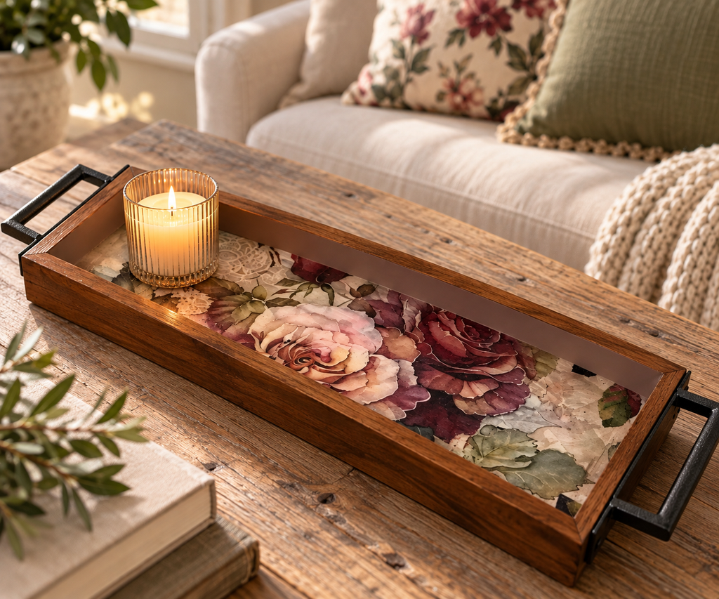 Long Floral Wood Tray, Iron Handles, Burgundy Pink Roses, 19"x6"
