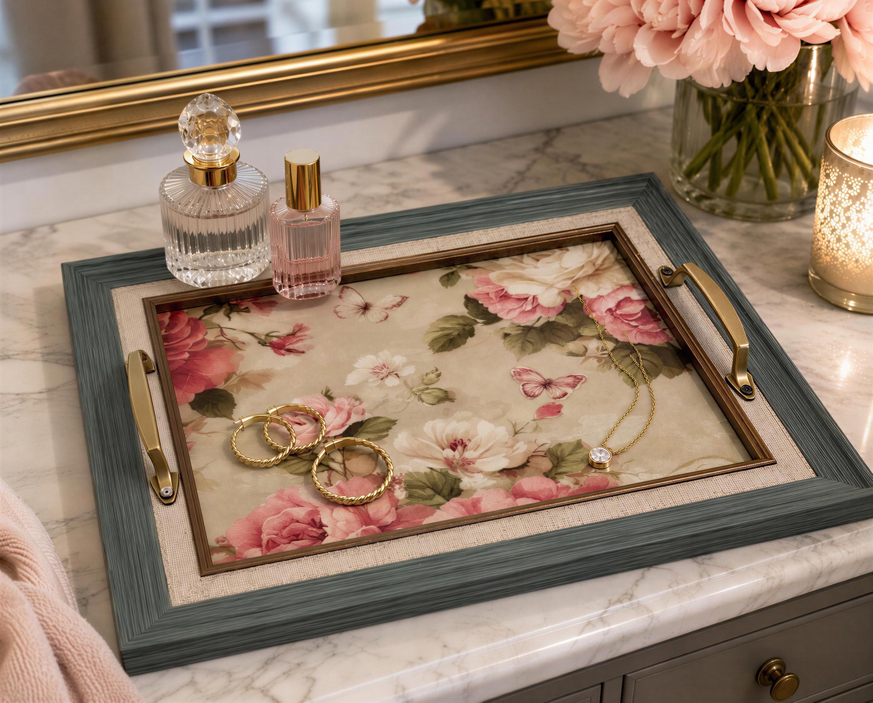 Green Floral Vanity Tray: 12.5"x10.5"