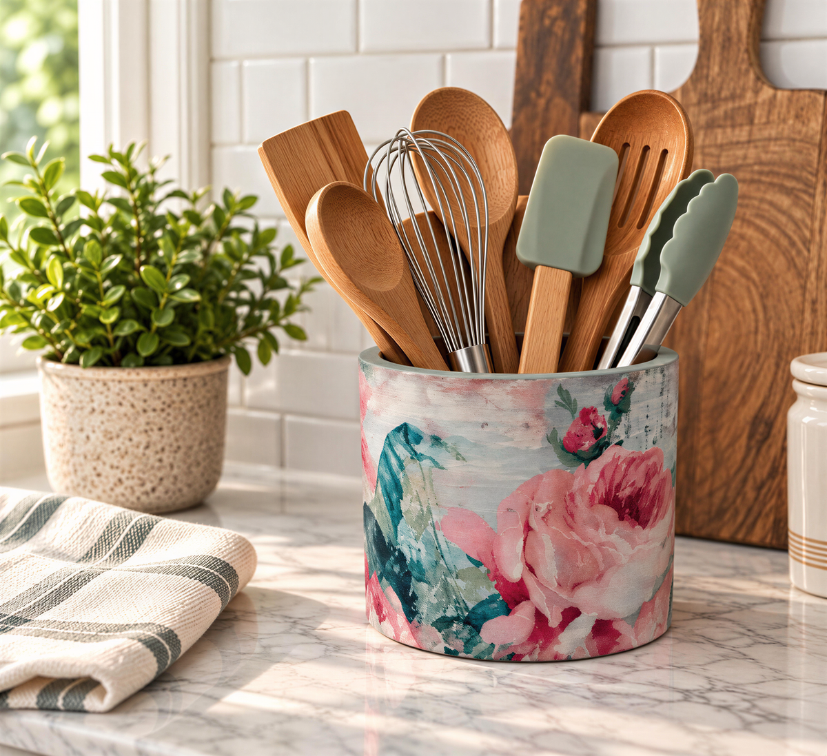 A floral-patterned ceramic container holding various kitchen utensils, including wooden spoons, a whisk, and a spatula, placed on a marble countertop.