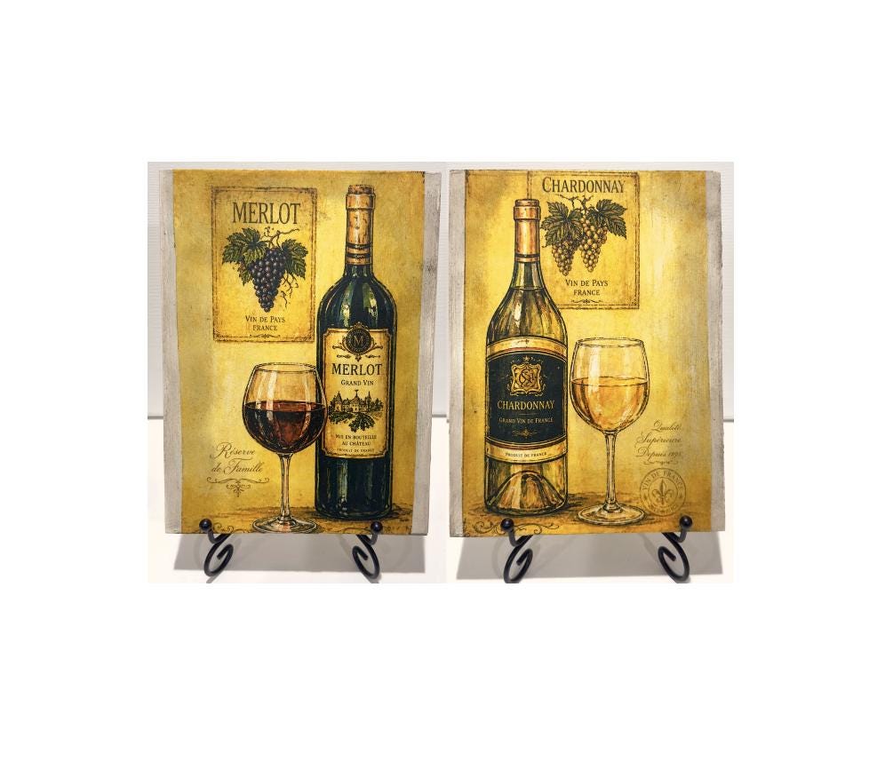Rustic Wine Wall Art, Merlot & Chardonnay, 6 X 8 Inch Panels by Mikela Lindel Home