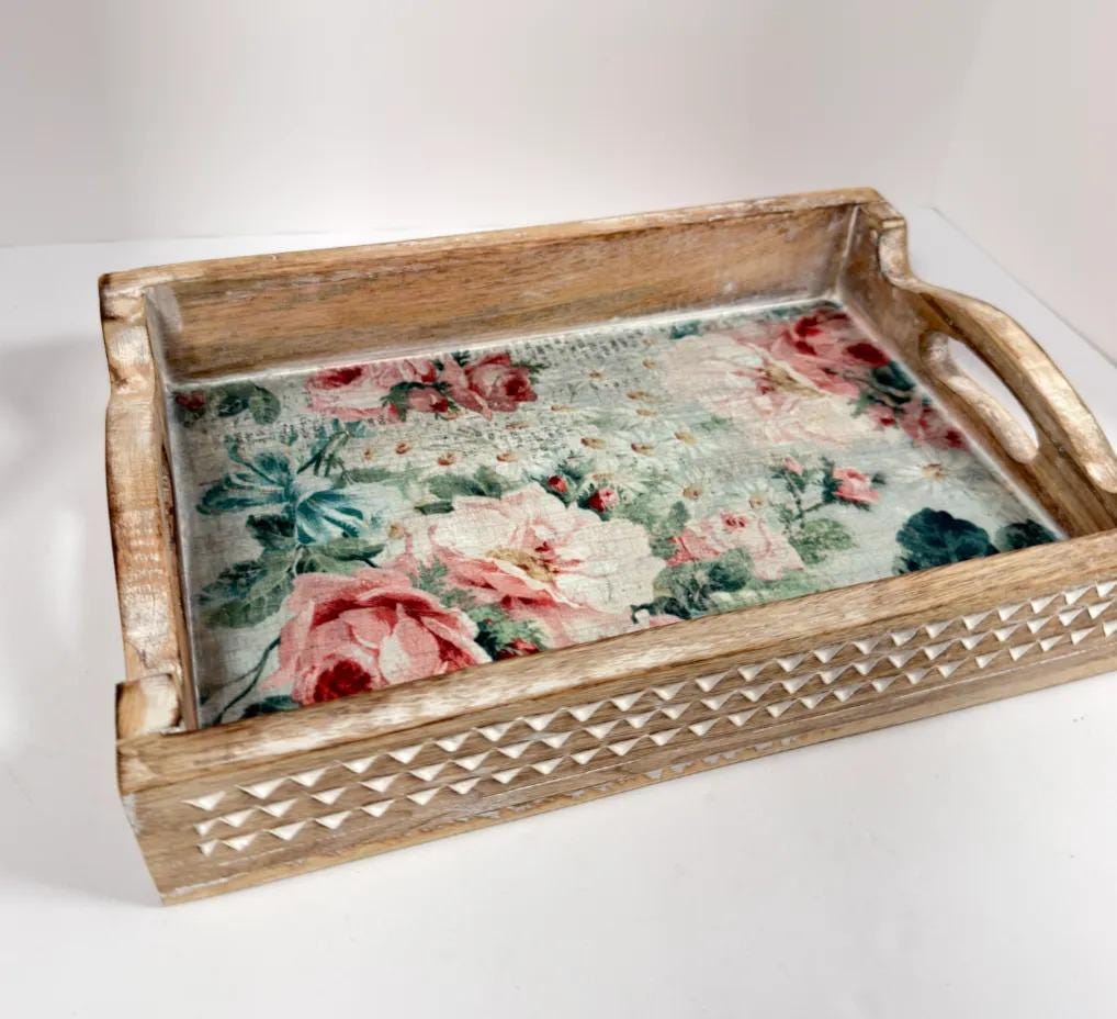 Floral Decorative Wood Tray, White Distressed Finish, 14 X 10 In