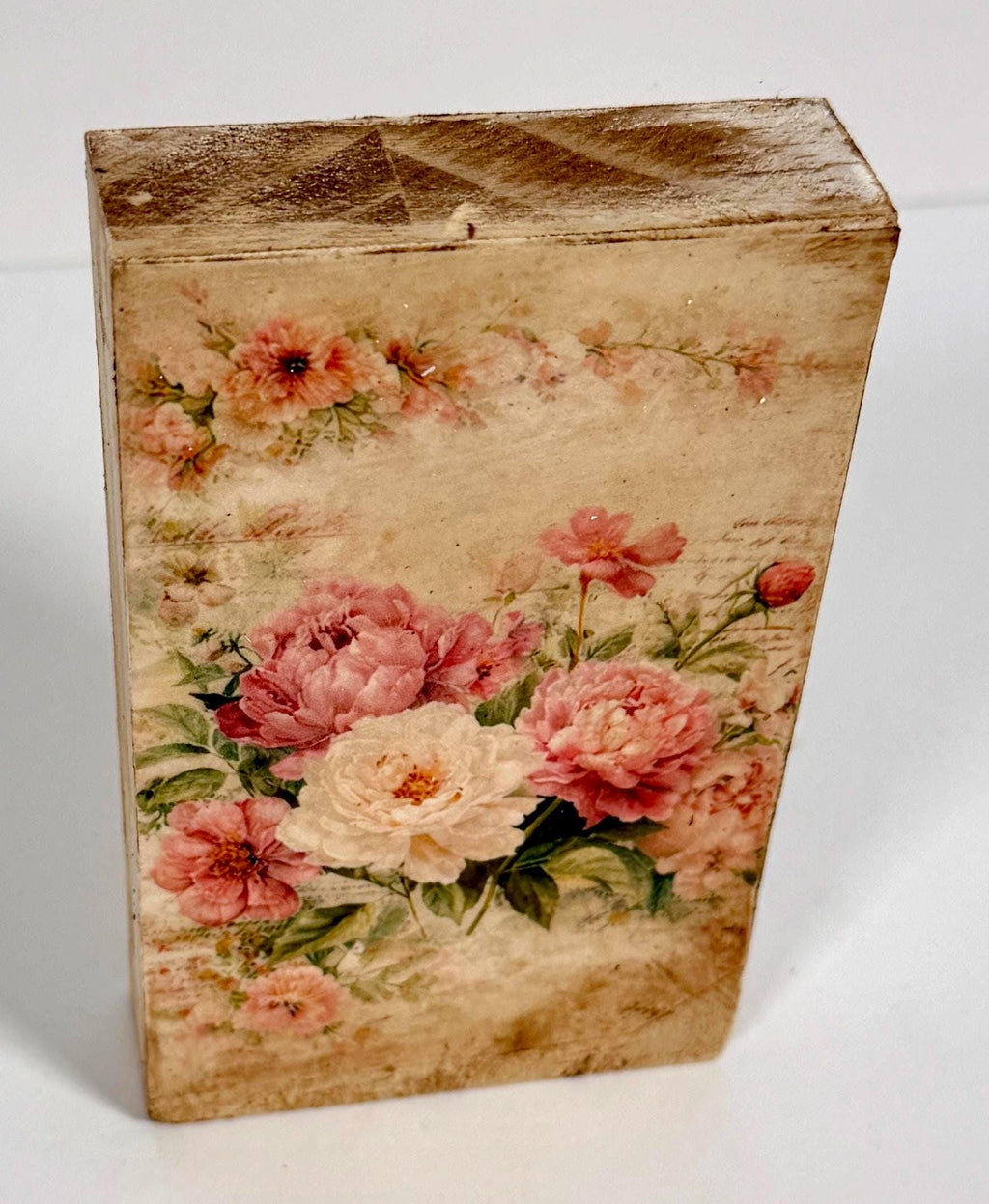 Vintage Floral Wood Block, Antique Pink Peony, 3"x5" Self-Standing by Mikela Lindel Home