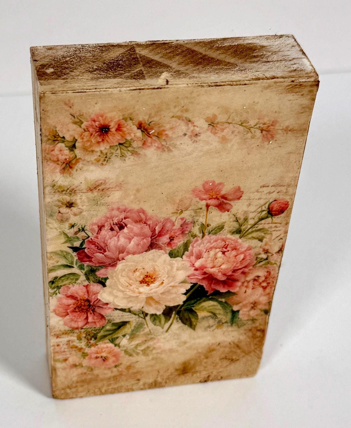 Vintage Floral Wood Block, Antique Pink Peony, 3"x5" Self-Standing by Mikela Lindel Home