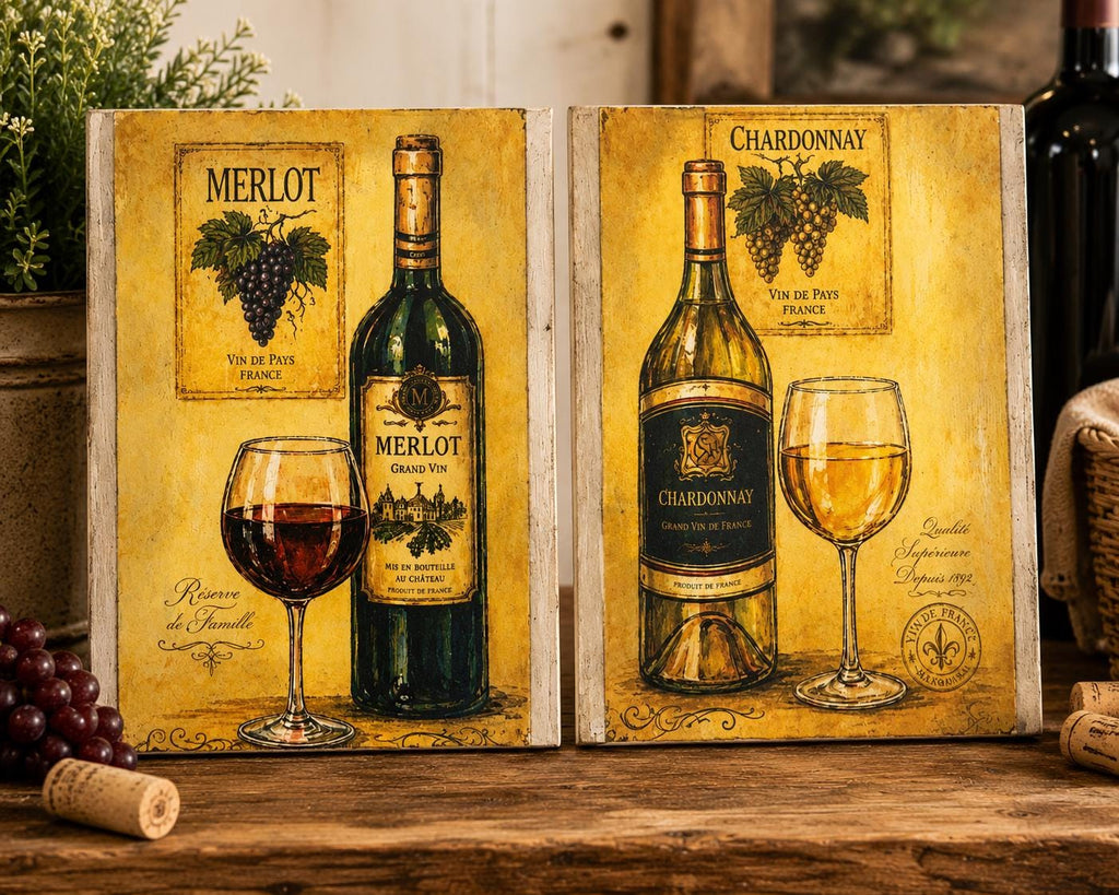 Rustic Wine Wall Art, Merlot & Chardonnay, 6 X 8 Inch Panels by Mikela Lindel Home