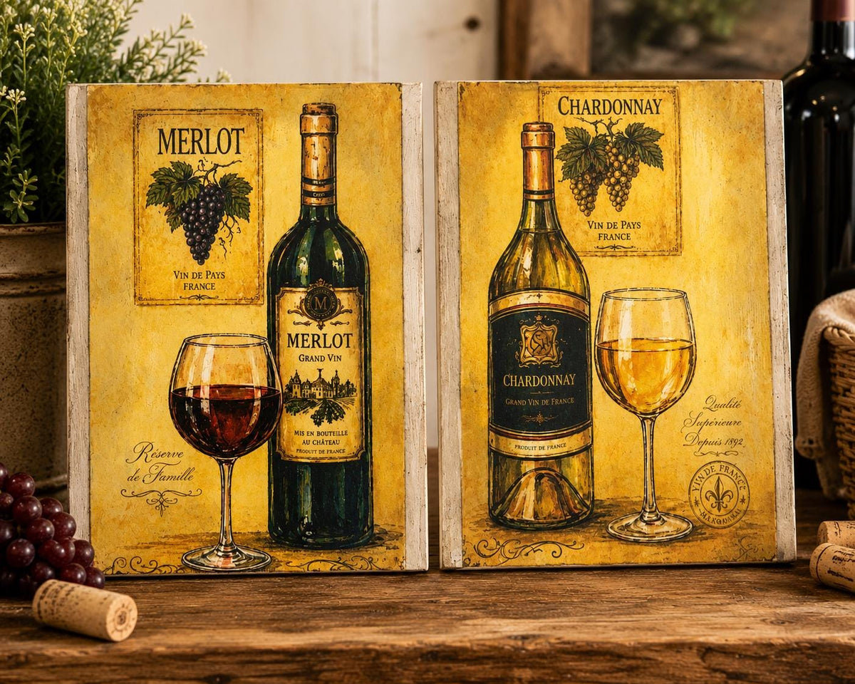 Rustic Wine Wall Art, Merlot & Chardonnay, 6 X 8 Inch Panels by Mikela Lindel Home