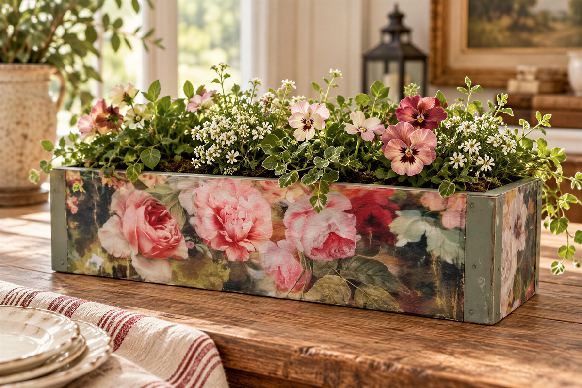 A wooden table with a decorative box featuring a floral design, filled with a variety of colorful flowers and greenery.