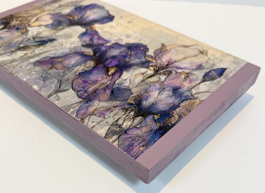 Wooden Floral Riser, Purple Iris Decor, 12 X 7, Lavender Art Feet by Mikela Lindel Home